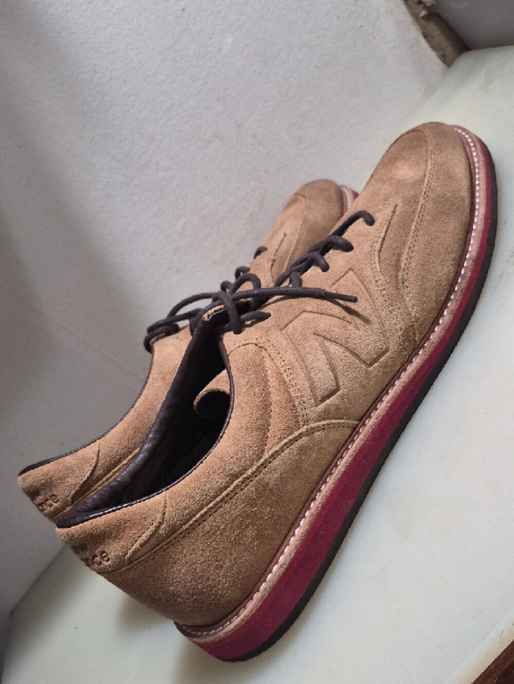 New Balance Tan Suede Derby Shoes with Red Trim - Picture 2 of 6